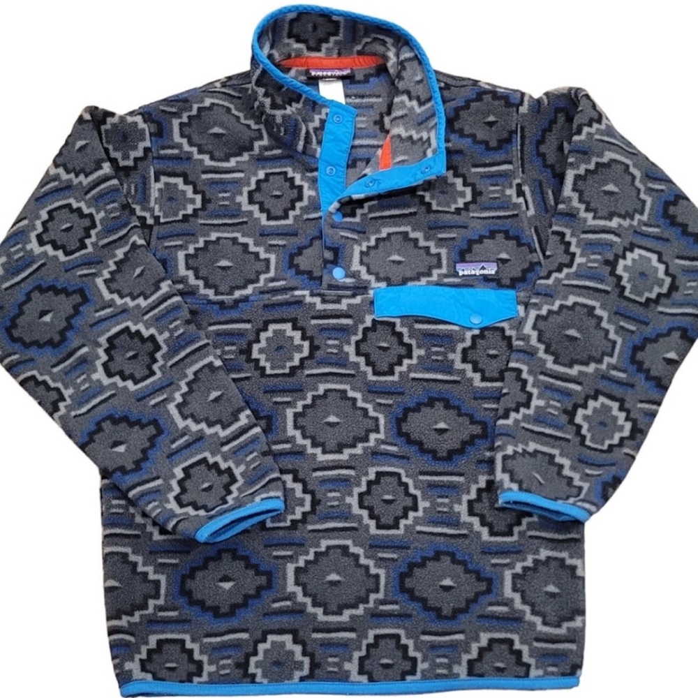 Patagonia Uni-Sex Synchilla Blue Gray Snap T Fleece Pullover Aztec Print Jacket
